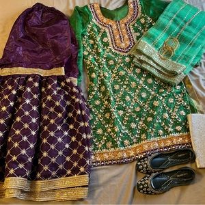 Traditional Pakistani Gharara Suit in Green and Purple